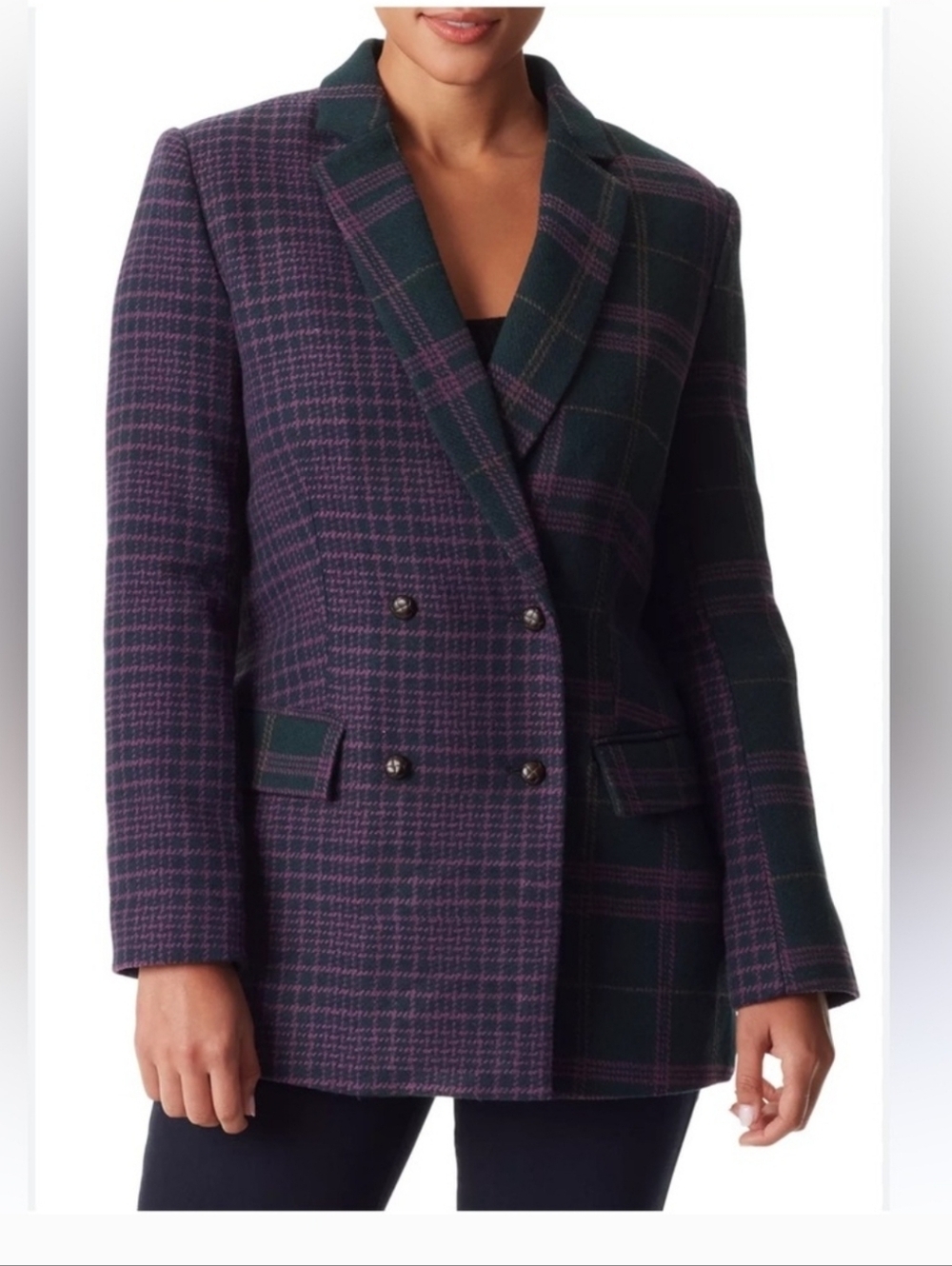 Sam Edelman Elegant Plaid Double-Breasted Blazer Jacket - Purple/Green. Sz M